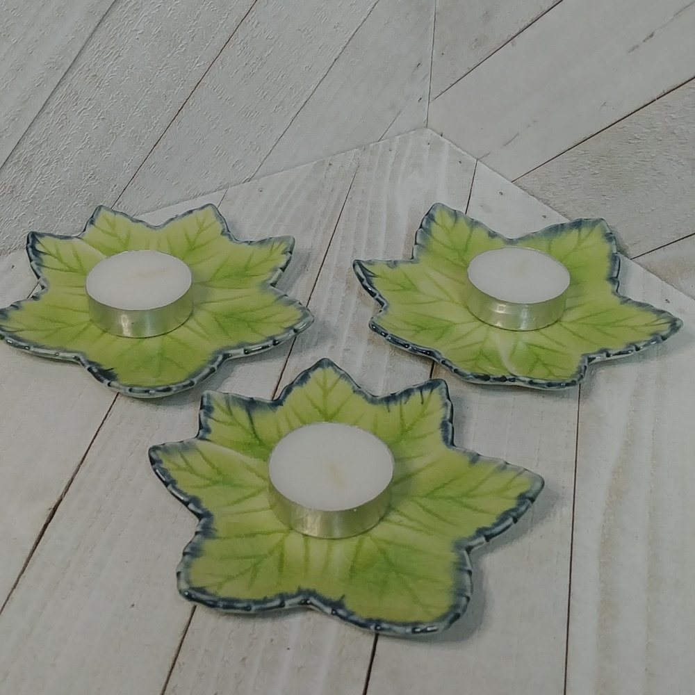 Leaf Shaped Ceramic Green and Blue Glazed Tea Light Holders or Coasters
